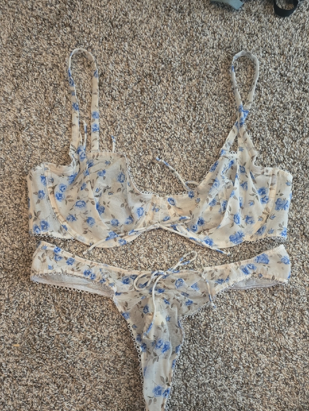 For Love And Lemons Blue Floral Sheer Lace Bralette & Thong Set
